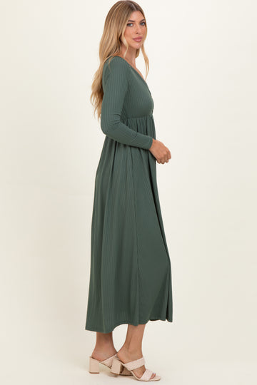 Olive Ribbed Knit Long Sleeve Maxi Dress