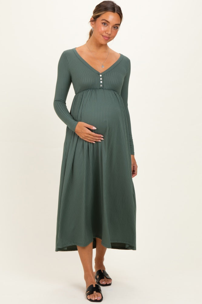 Olive Ribbed Knit Long Sleeve Maternity Maxi Dress