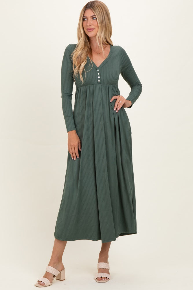 Olive Ribbed Knit Long Sleeve Maternity Maxi Dress