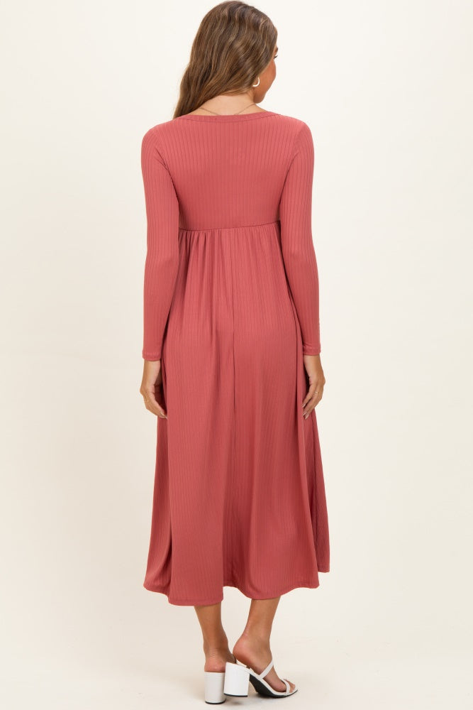 Mauve Ribbed Knit Long Sleeve Maternity Maxi Dress