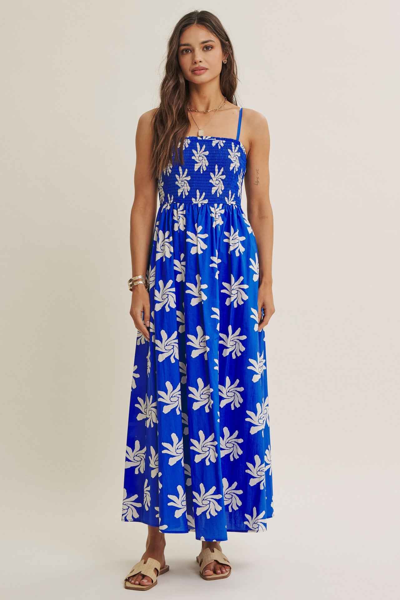 Cobalt Printed Square Neck Smocked Maternity Maxi Dress