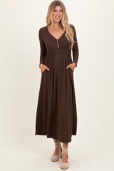 Brown Ribbed Knit Long Sleeve Maxi Dress
