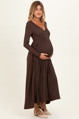 Brown Ribbed Knit Long Sleeve Maternity Maxi Dress