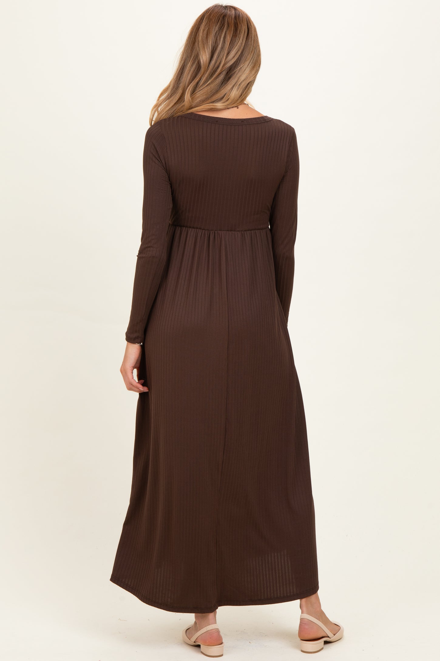 Brown Ribbed Knit Long Sleeve Maternity Maxi Dress