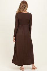 Brown Ribbed Knit Long Sleeve Maternity Maxi Dress