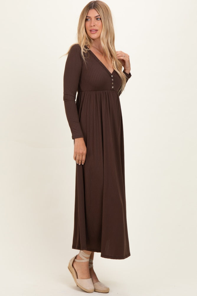 Brown Ribbed Knit Long Sleeve Maxi Dress