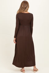 Brown Ribbed Knit Long Sleeve Maternity Maxi Dress