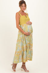 Lime Colorblock Floral Tiered Maternity Midi Dress