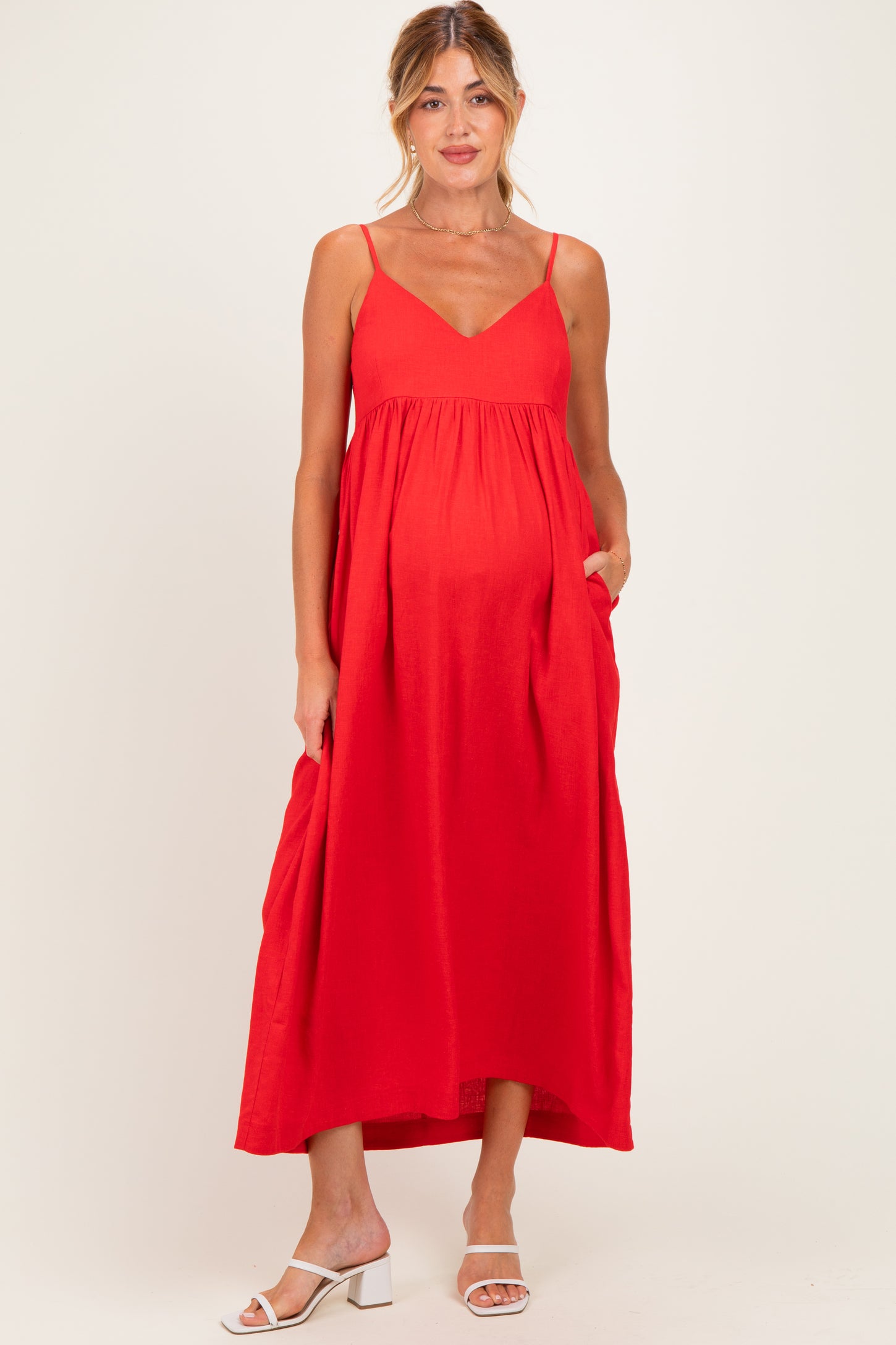 Red Linen Blend Sleeveless Maternity Maxi Dress
