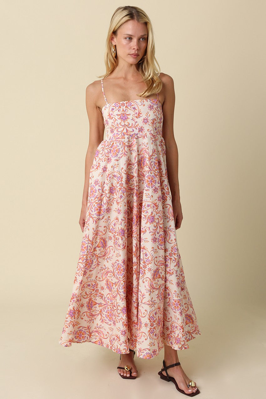 Cream Apricot Floral Sleeveless Maxi Dress