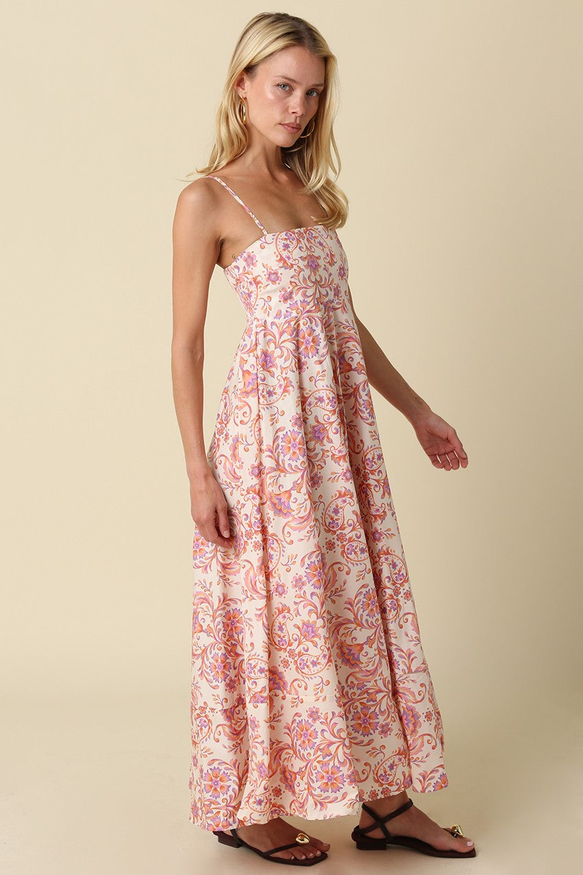 Cream Apricot Floral Sleeveless Maxi Dress