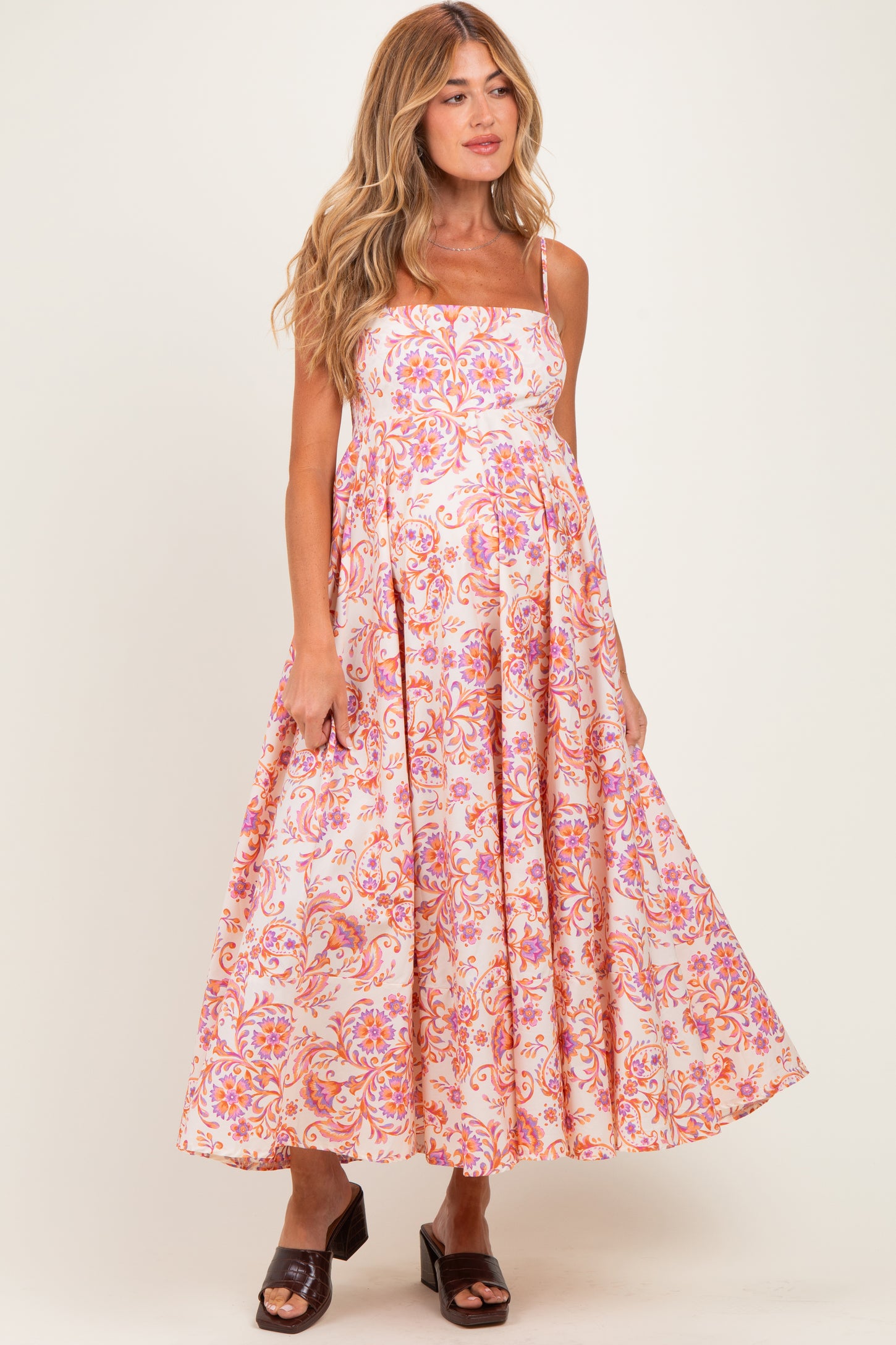 Cream Apricot Floral Sleeveless Maternity Maxi Dress