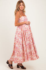 Cream Apricot Floral Sleeveless Maternity Maxi Dress
