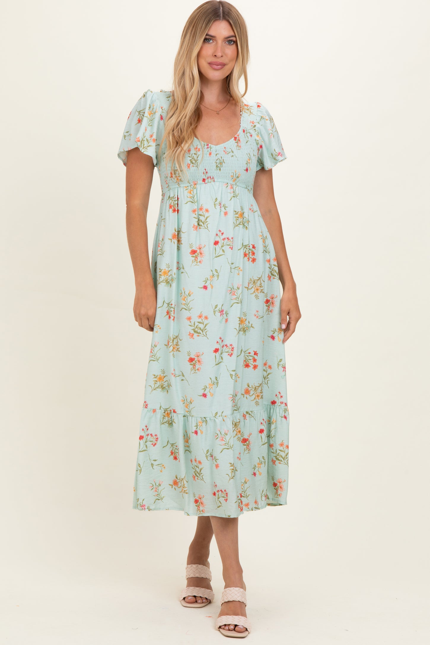 Sage Floral Flutter Sleeve Smocked Midi Dress