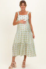 Sage Striped Floral Shoulder Tie Maternity Midi Dress