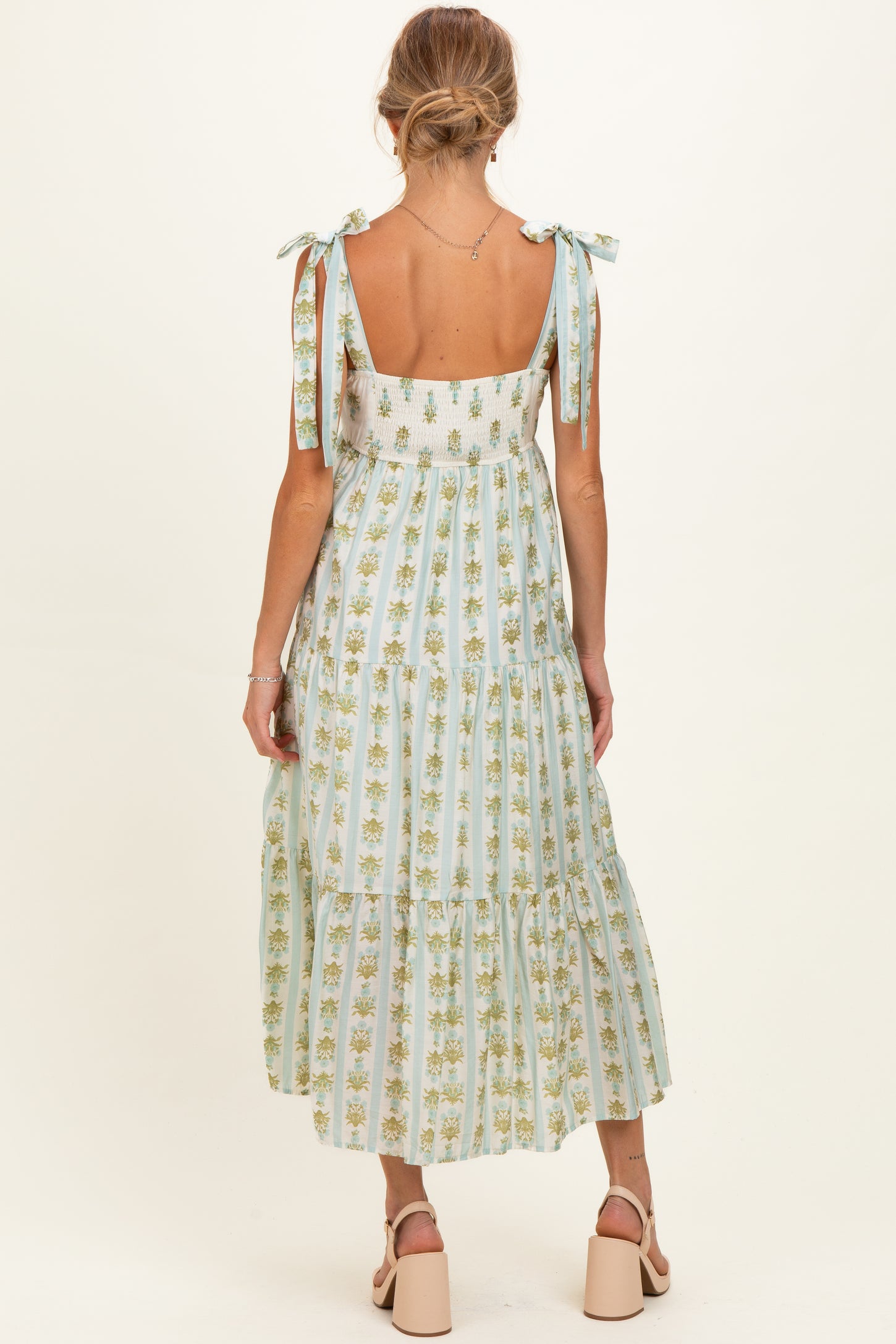 Sage Striped Floral Shoulder Tie Maternity Midi Dress