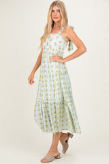 Sage Striped Floral Shoulder Tie Midi Dress