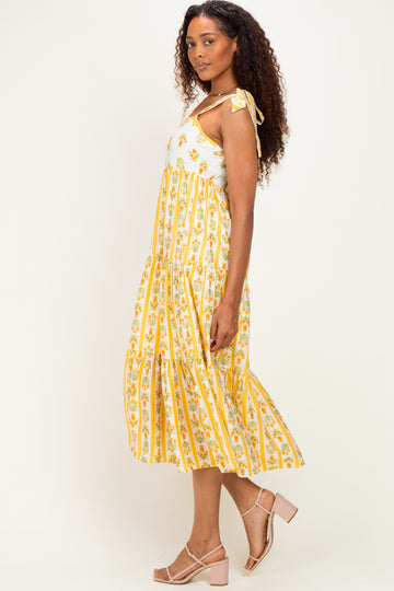 Yellow Striped Floral Shoulder Tie Midi Dress