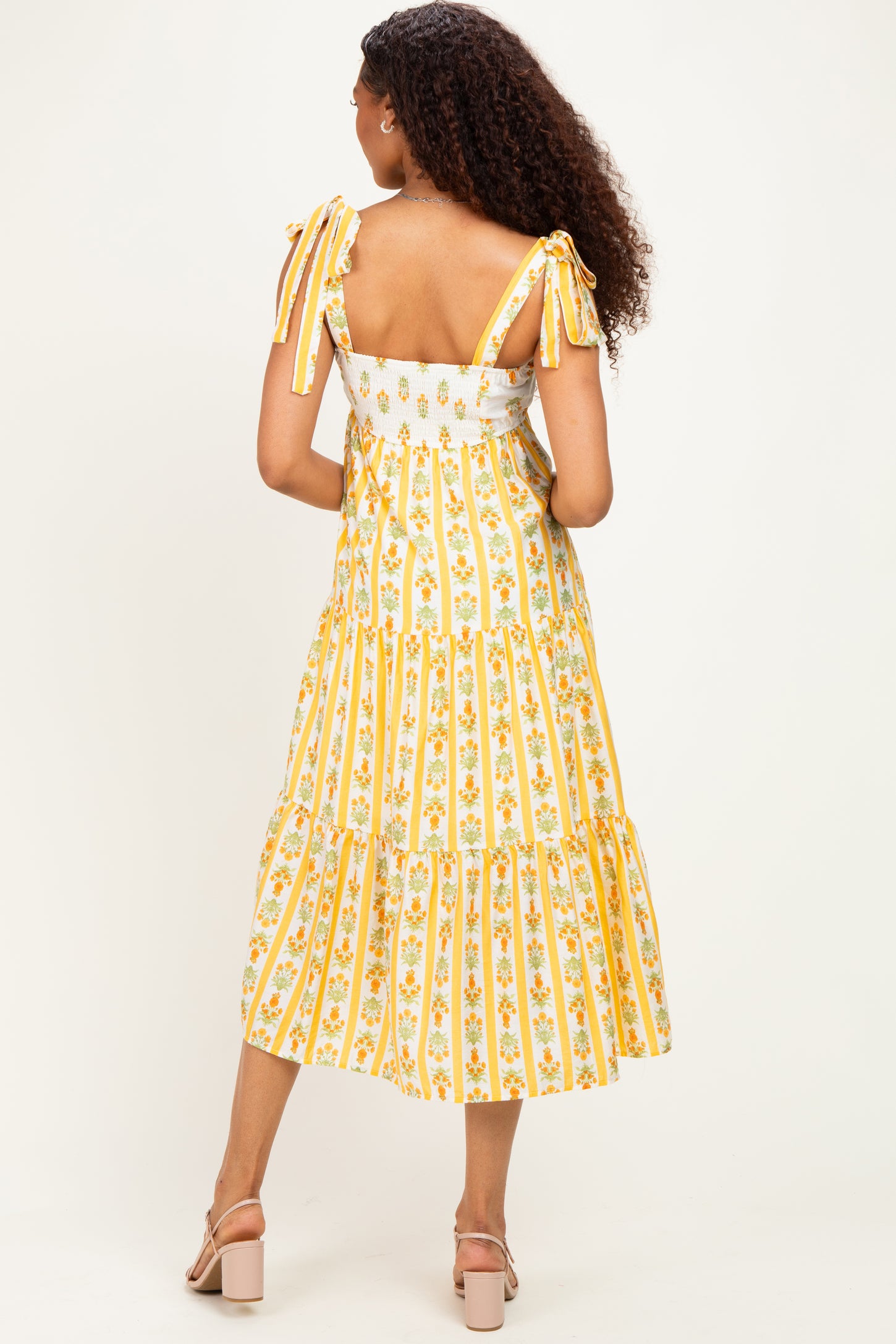 Yellow Striped Floral Shoulder Tie Midi Dress