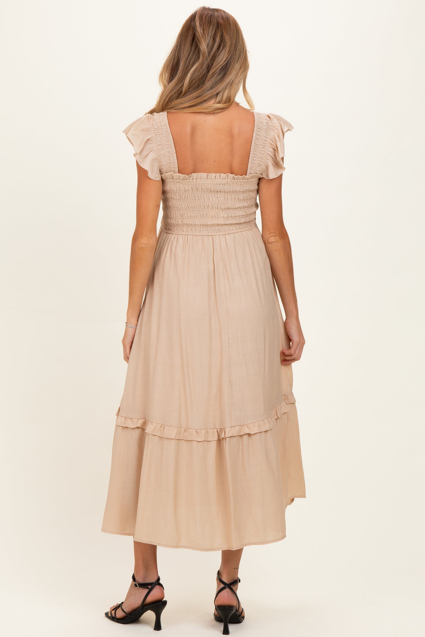 Khaki Button Accent Smocked Ruffle Maternity Midi Dress