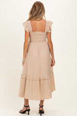 Khaki Button Accent Smocked Ruffle Maternity Midi Dress
