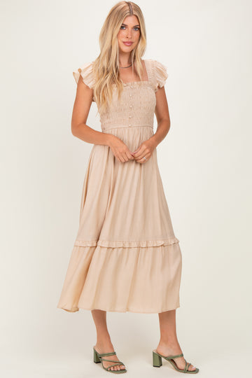 Khaki Button Accent Smocked Ruffle Midi Dress