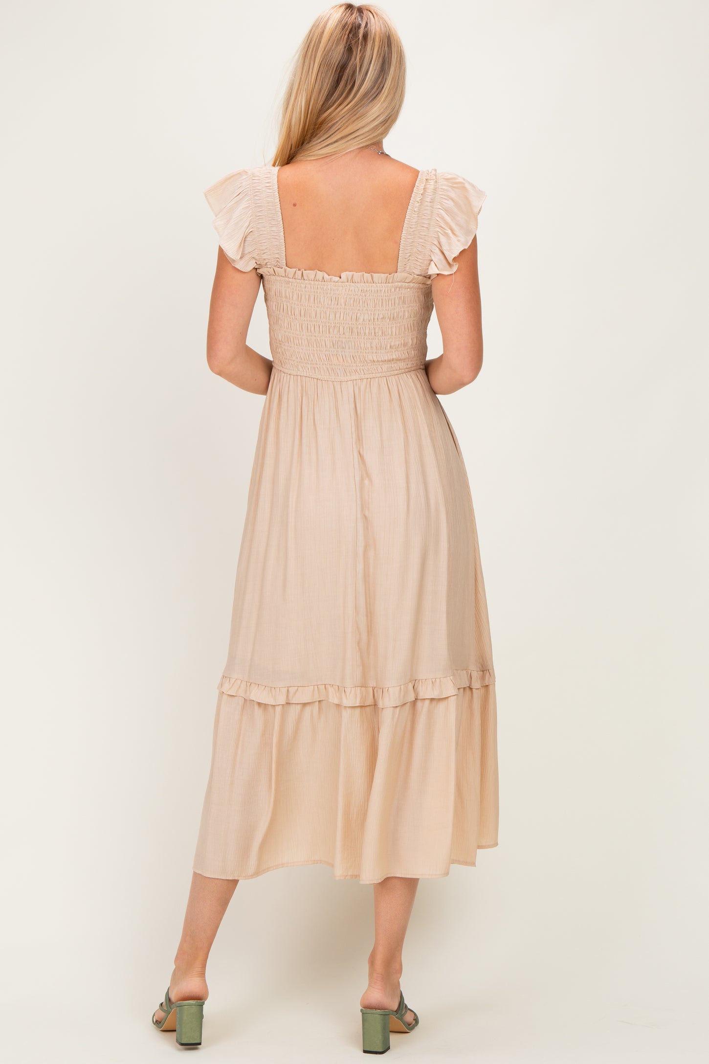 Khaki Button Accent Smocked Ruffle Midi Dress