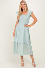 Light Blue Button Accent Smocked Ruffle Midi Dress