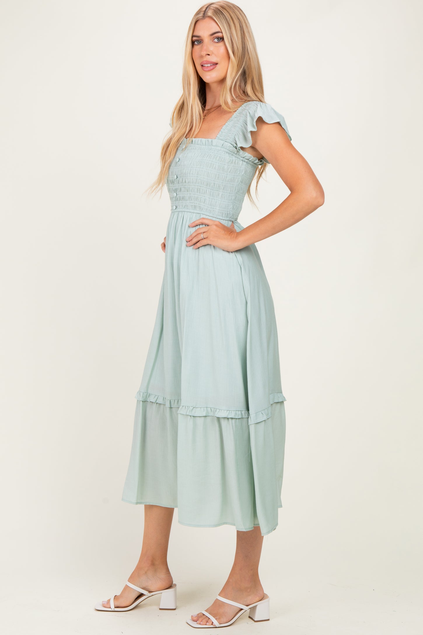 Light Blue Button Accent Smocked Ruffle Midi Dress