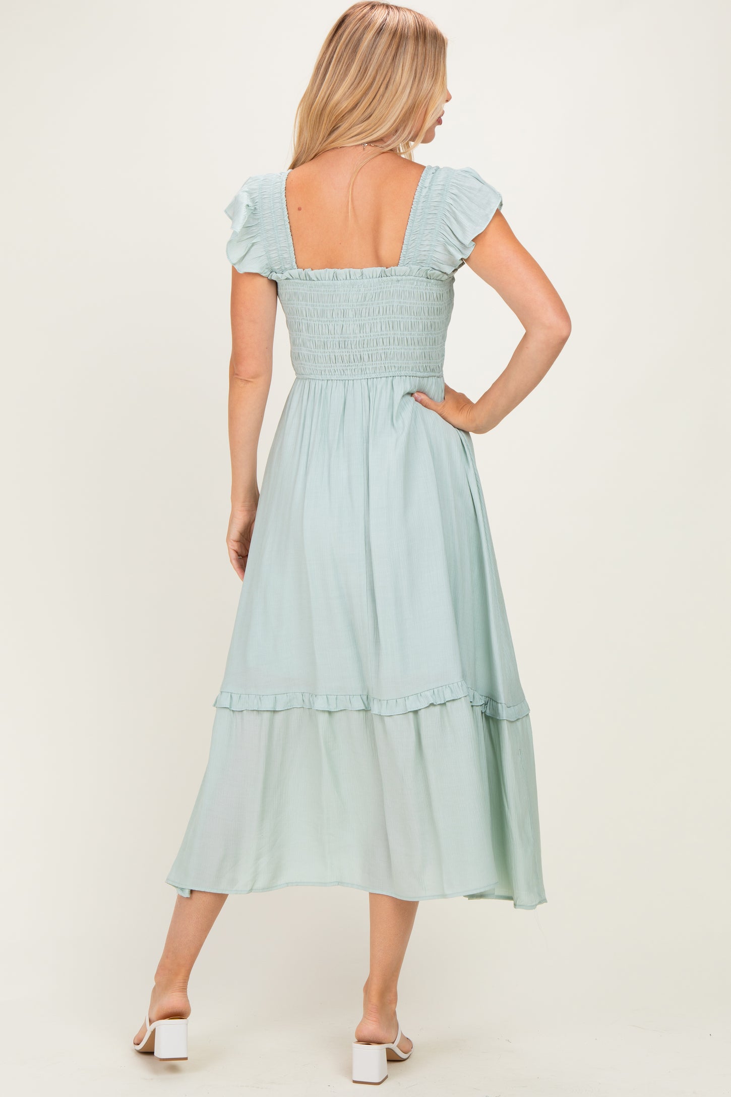 Light Blue Button Accent Smocked Ruffle Midi Dress