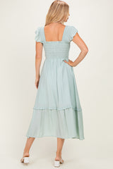 Light Blue Button Accent Smocked Ruffle Midi Dress