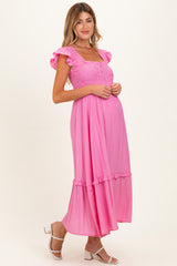 Pink Button Accent Smocked Ruffle Maternity Midi Dress