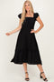 Black Button Accent Smocked Ruffle Midi Dress