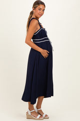 Navy Front Tie Sleeveless Maternity Midi Dress