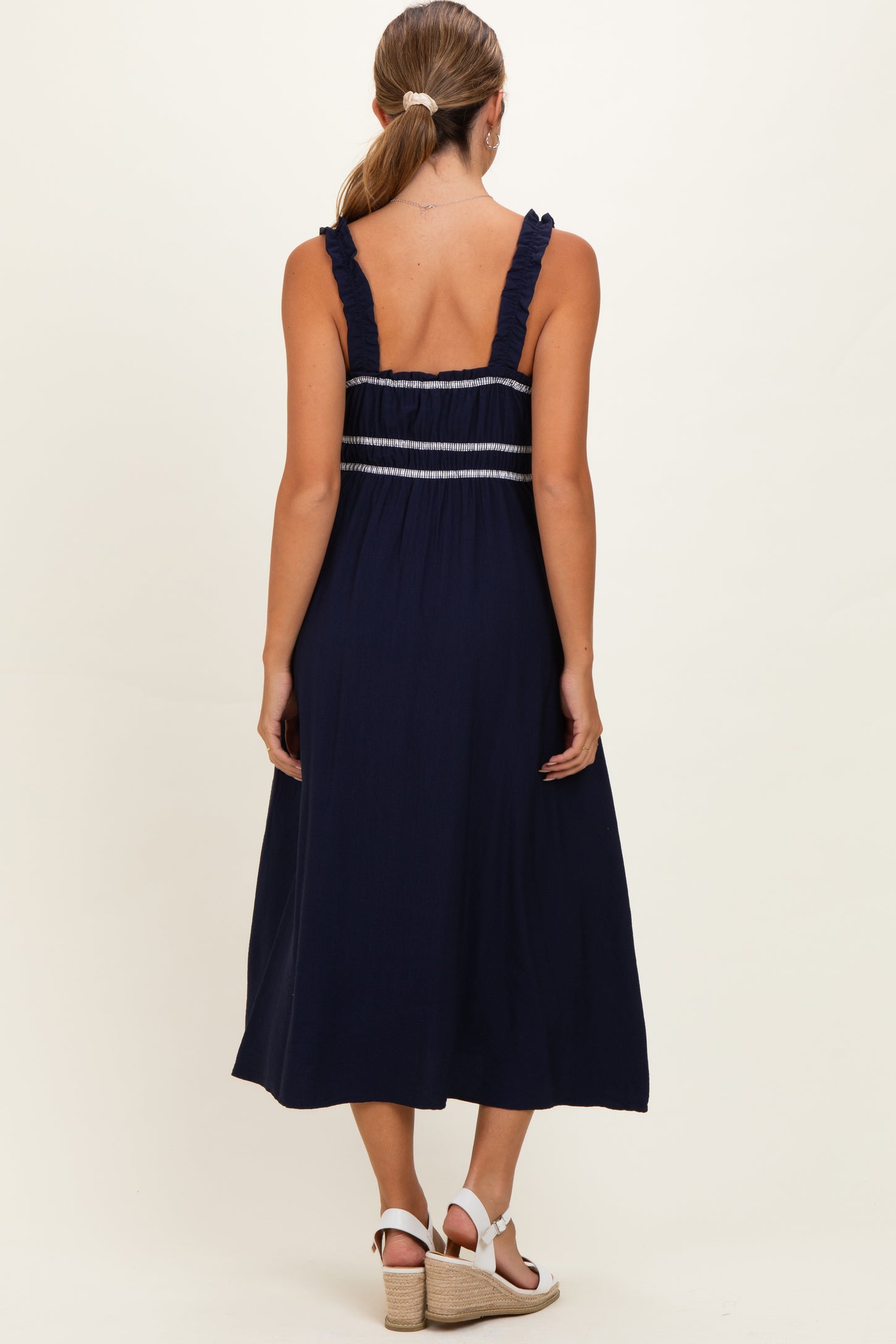 Navy Front Tie Sleeveless Maternity Midi Dress
