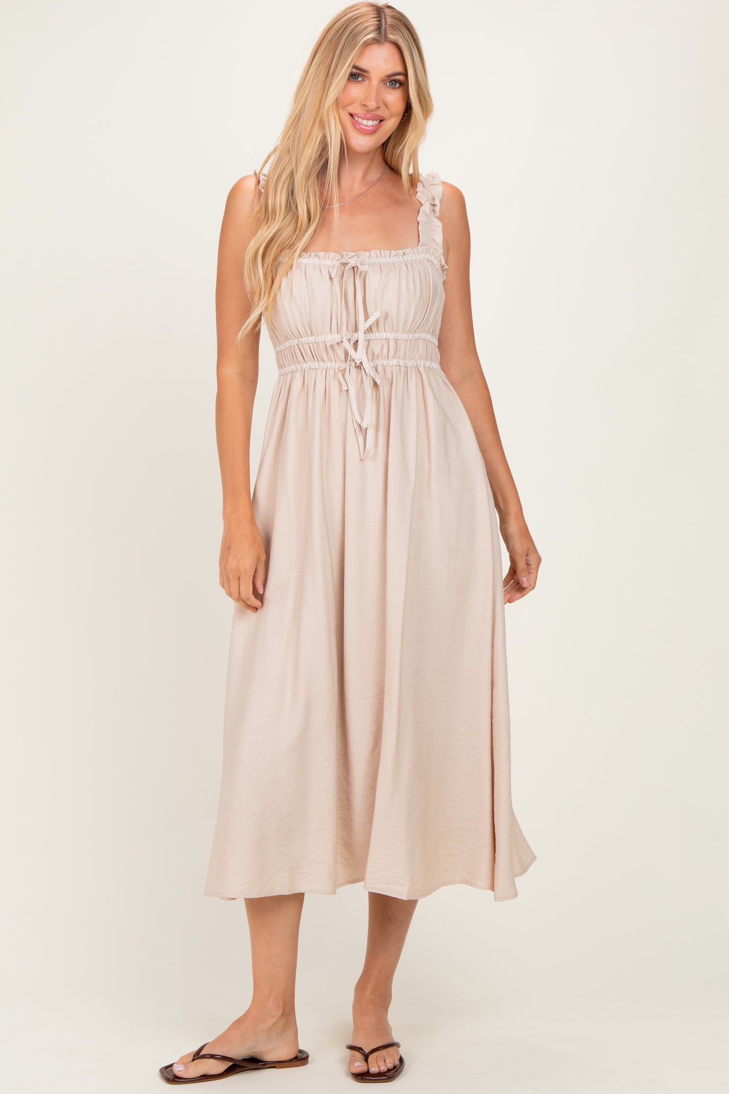 Khaki Front Tie Sleeveless Midi Dress