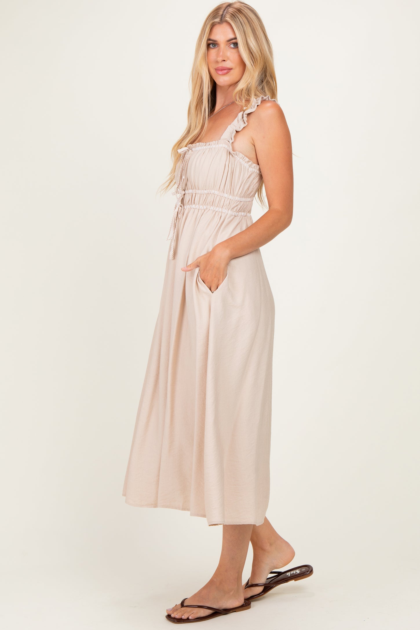 Khaki Front Tie Sleeveless Midi Dress