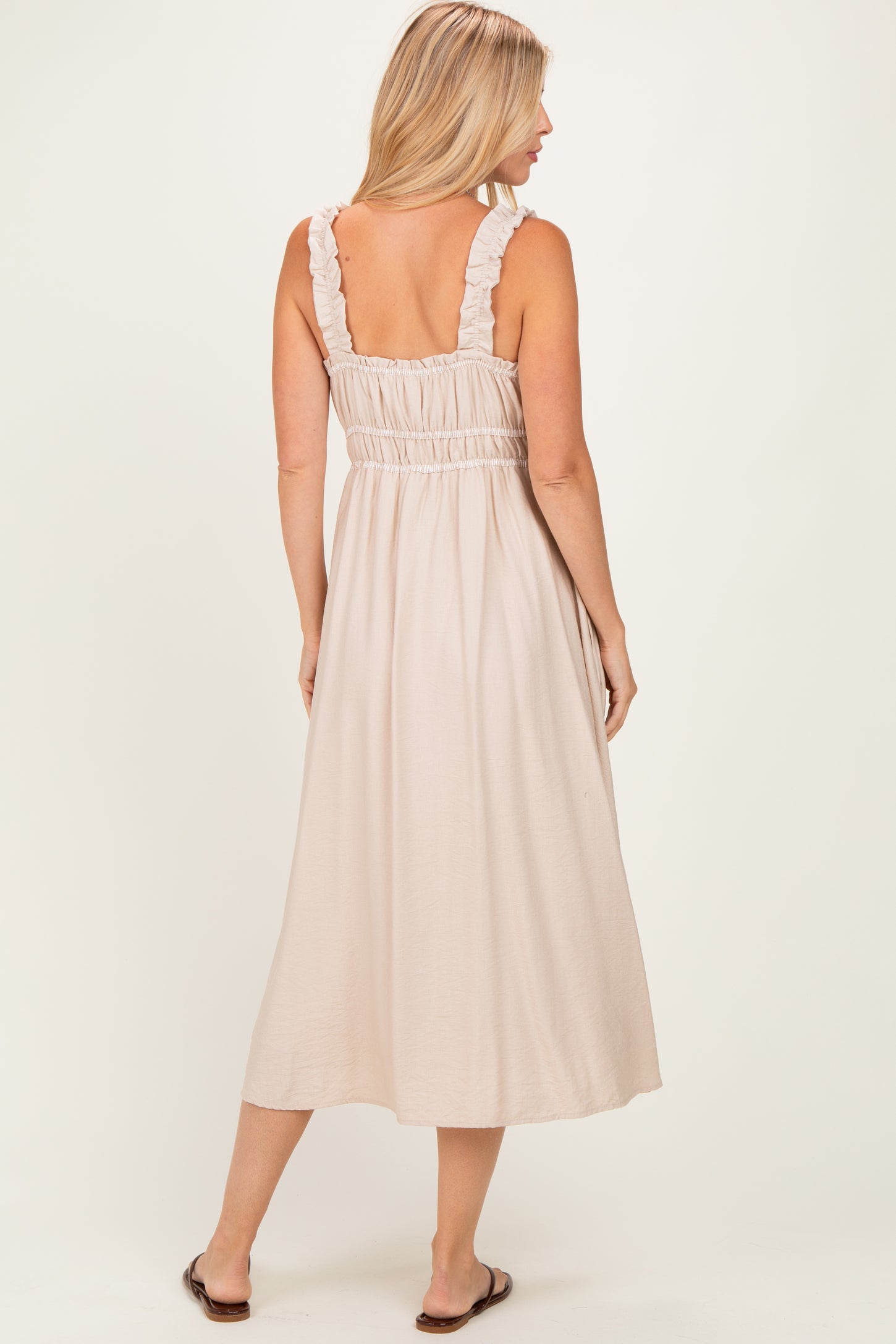 Khaki Front Tie Sleeveless Midi Dress
