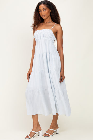 Blue Striped Empire Waist Tiered Midi Dress