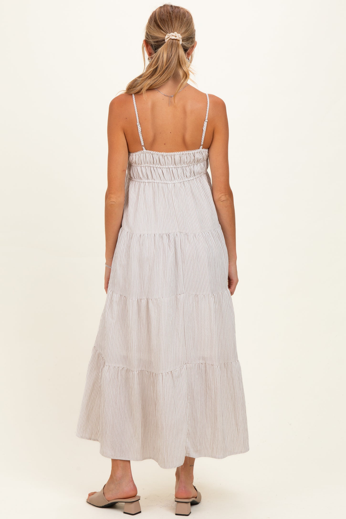 Mocha Striped Empire Waist Tiered Maternity Midi Dress