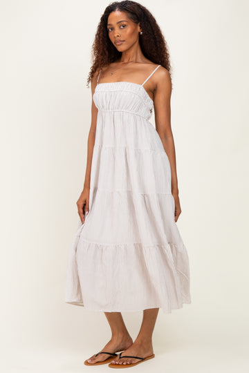 Mocha Striped Empire Waist Tiered Midi Dress