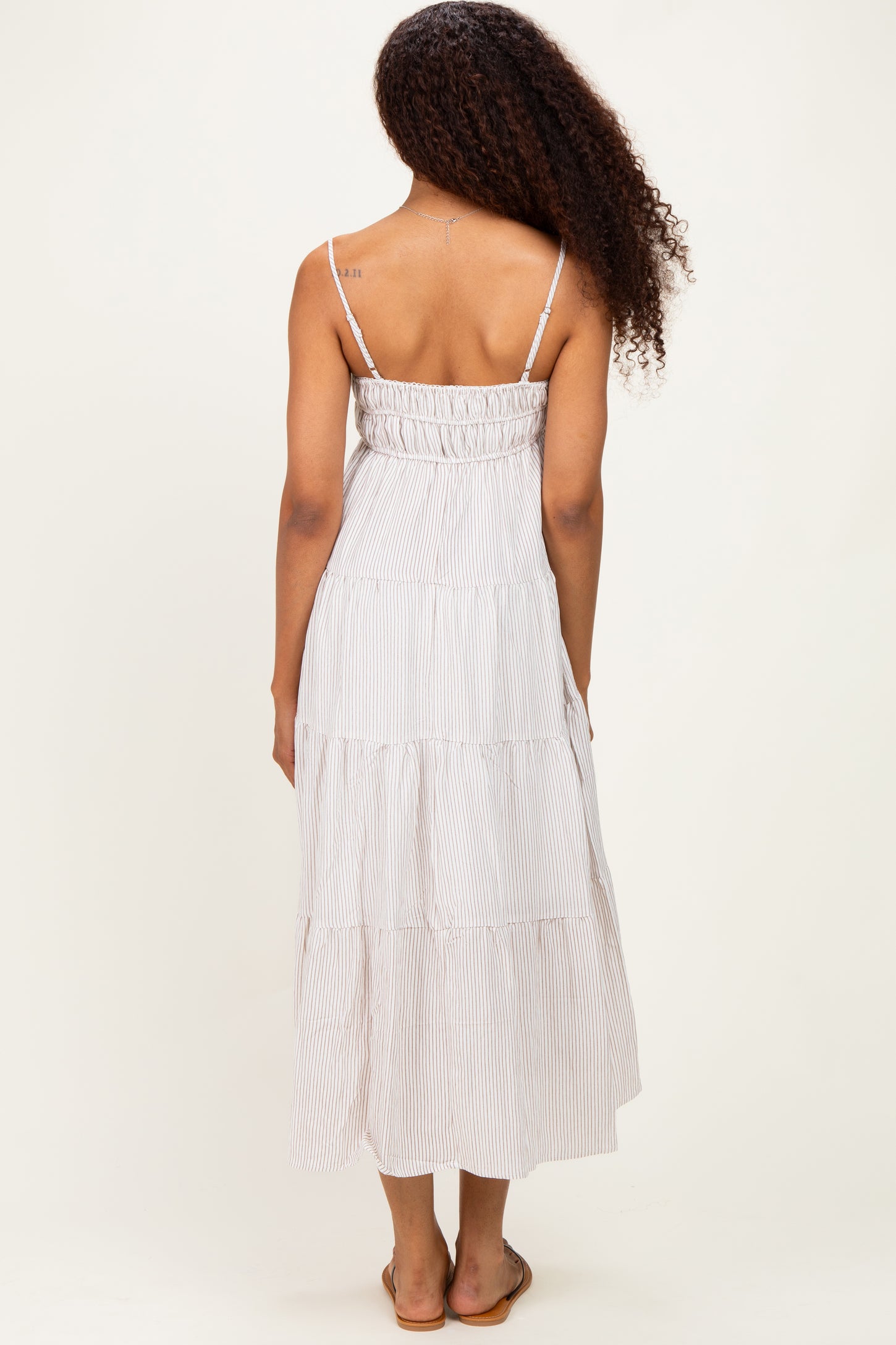 Mocha Striped Empire Waist Tiered Midi Dress