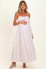 Pink Striped Empire Waist Tiered Maternity Midi Dress