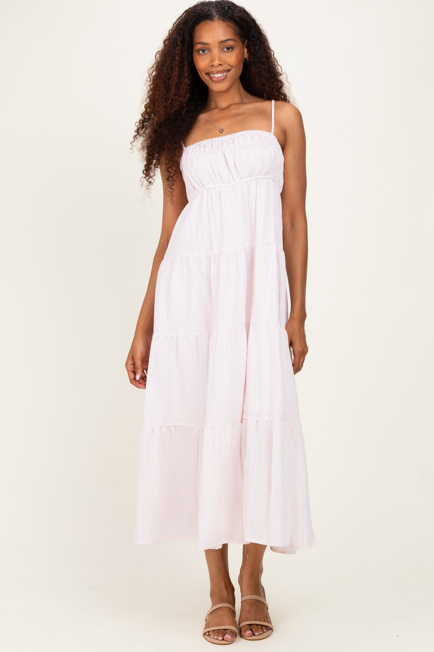Pink  Striped Empire Waist Tiered Midi Dress