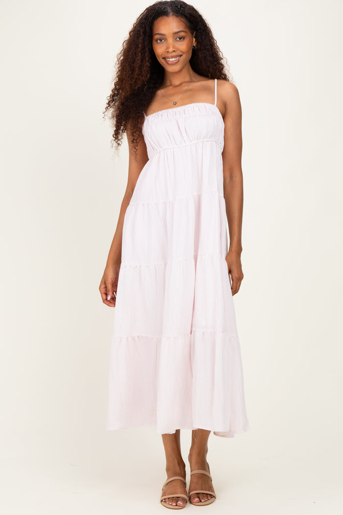 Pink Striped Empire Waist Tiered Maternity Midi Dress