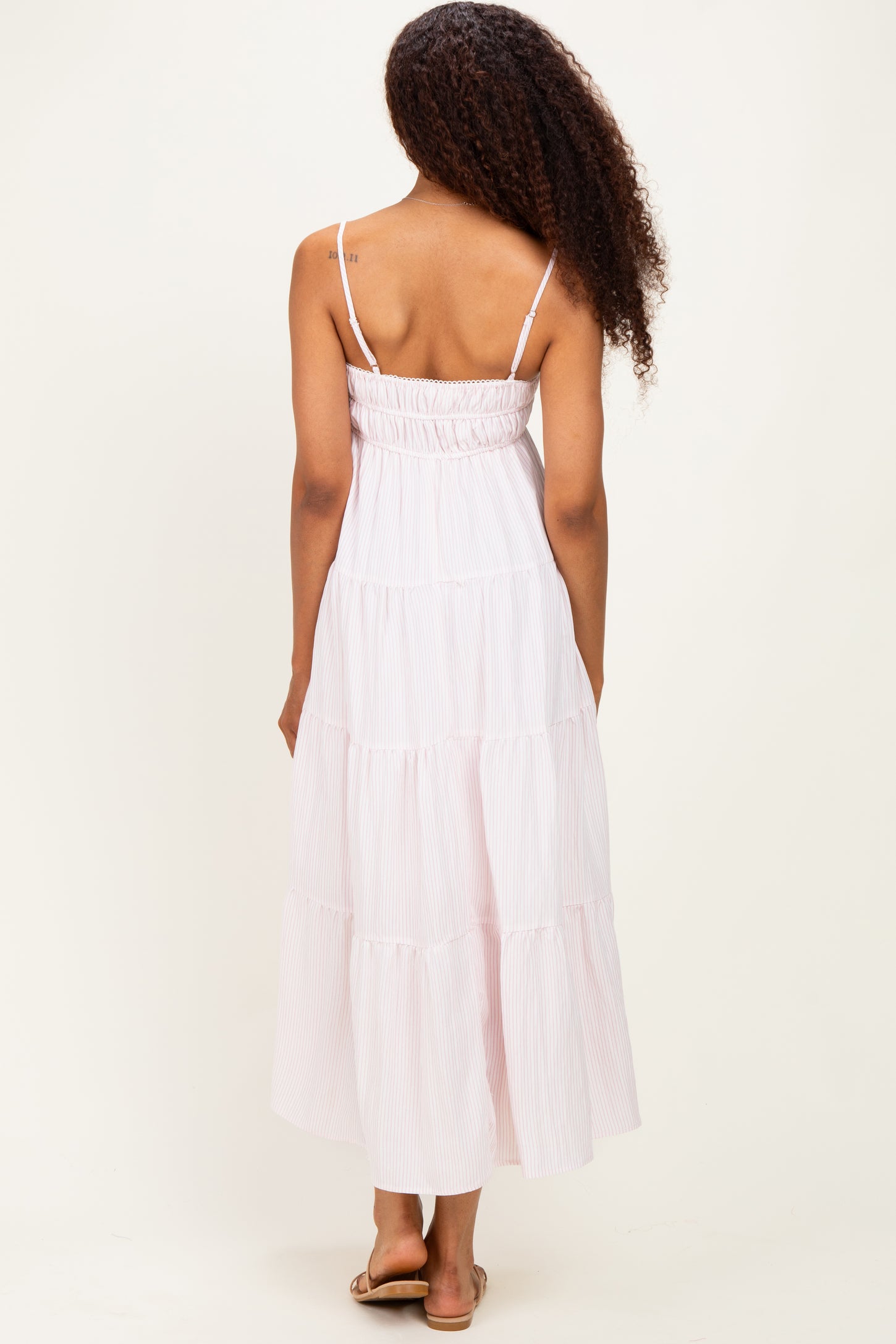 Pink  Striped Empire Waist Tiered Midi Dress