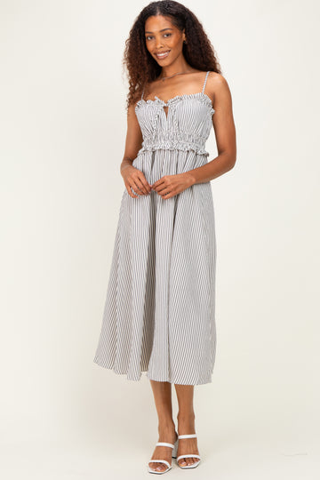 Black Striped Front Tie Cutout Ruffle Midi Dress
