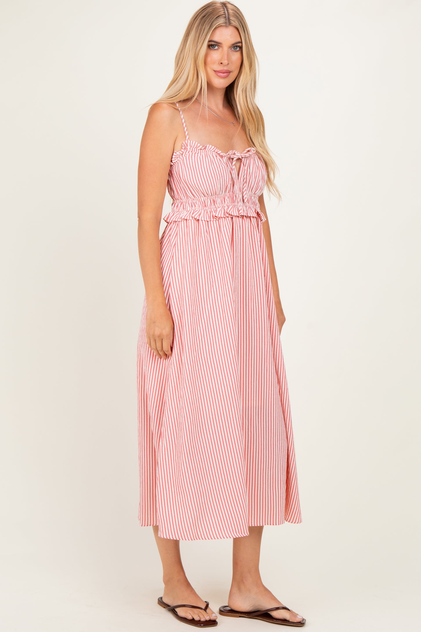 Red Striped Front Tie Cutout Ruffle Midi Dress
