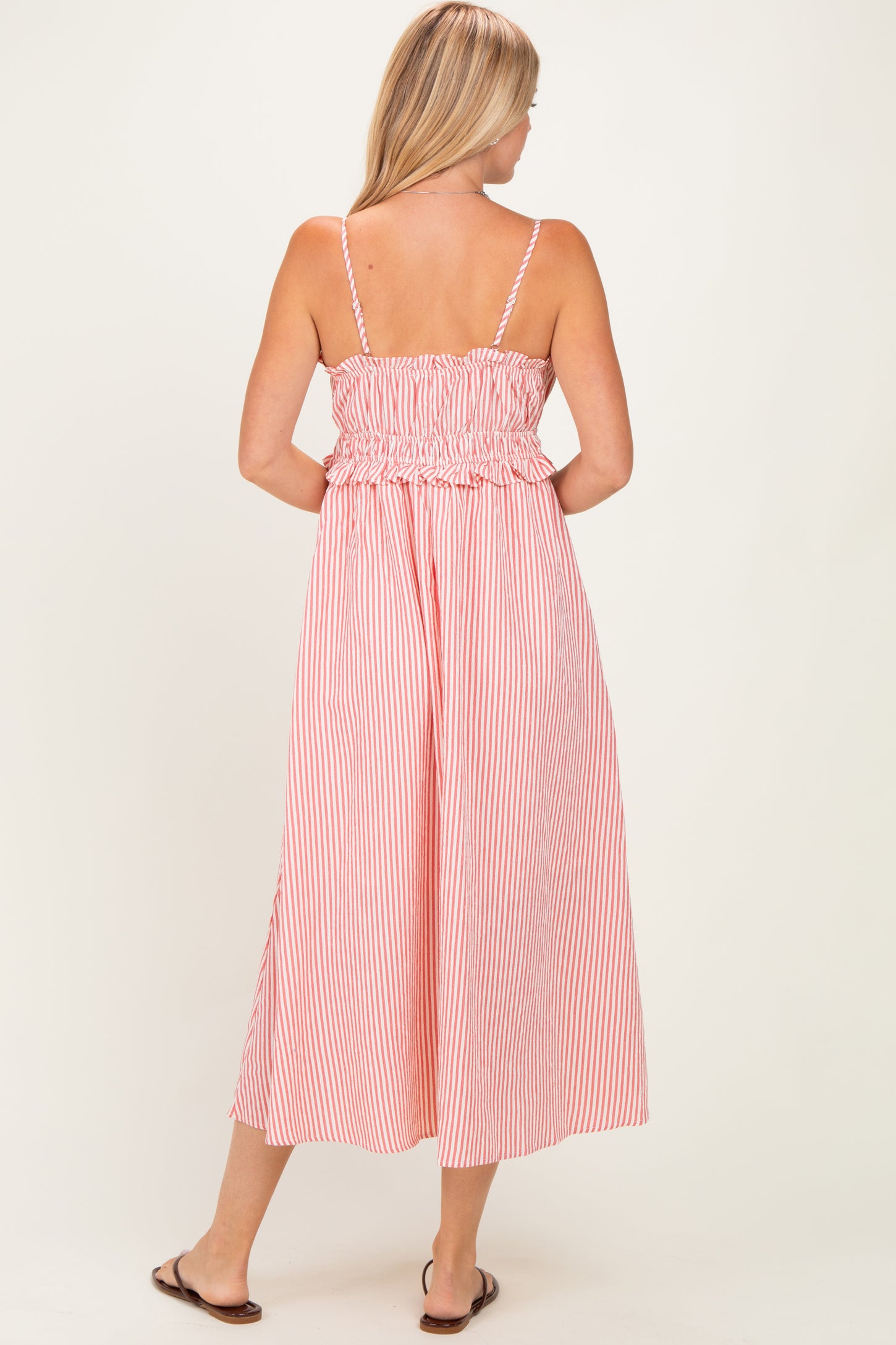 Red Striped Front Tie Cutout Ruffle Midi Dress