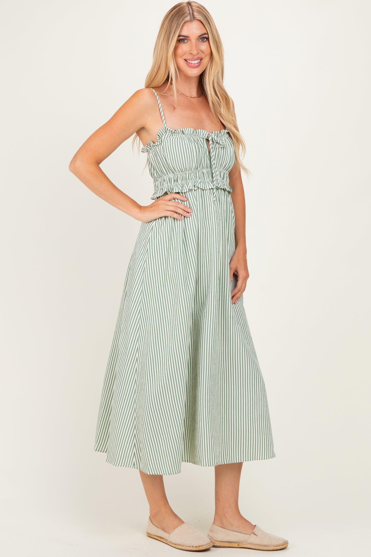 Olive Striped Front Tie Cutout Ruffle Midi Dress